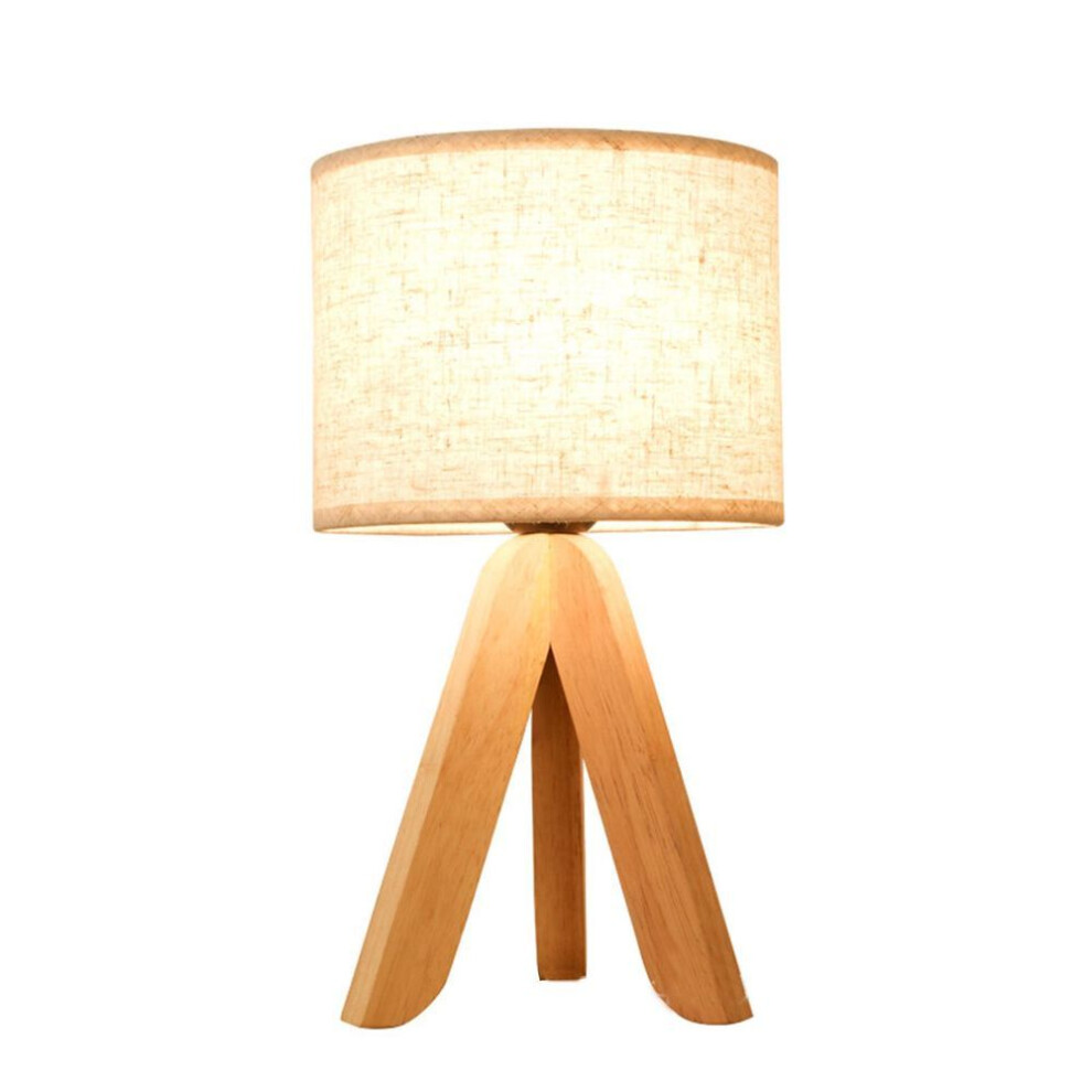(beige, EU Plug) LED Wooden Bedside Lamp Tripod Table Lamp Vintage White Linen Lampshade for Bedroom Living Room E27