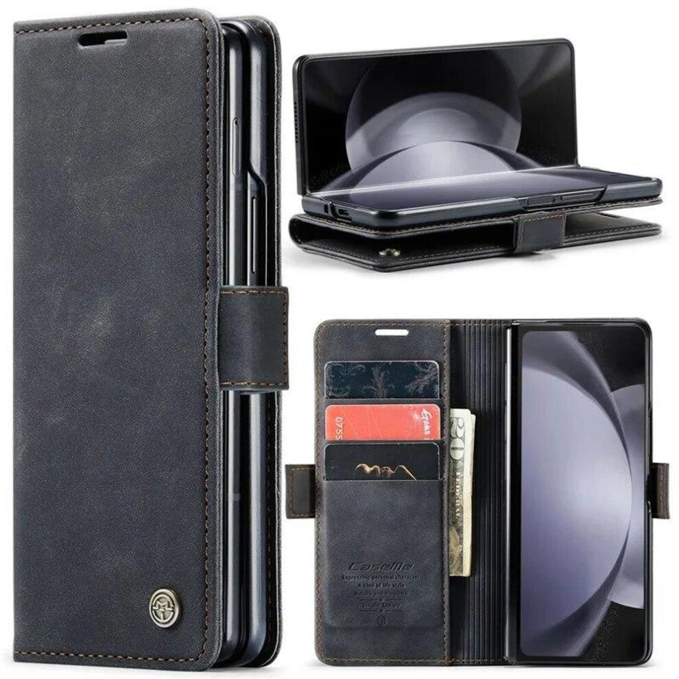 (black, Samsung Z Fold 5) Luxury Retor Leather Wallet Card Slot Phone Case For Samsung Galaxy Z Fold 5 4 Fold5 Fold4 Shockproof Flip Stand Cover Bag