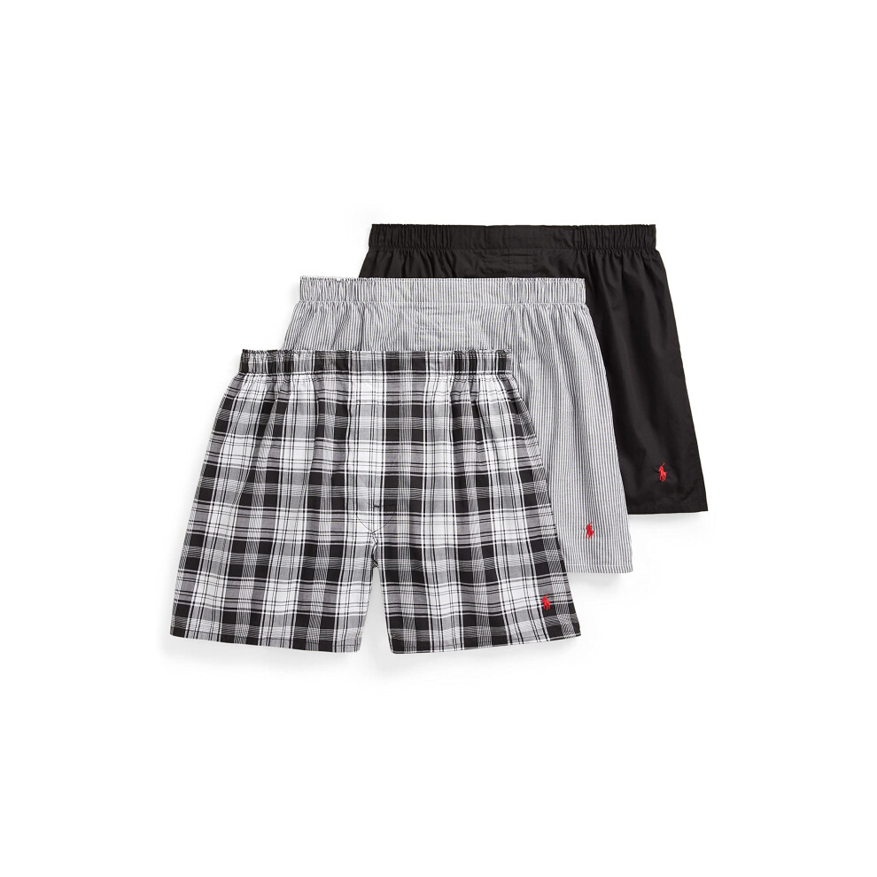 POLO RALPH LAUREN Men's Classic Fit Woven Cotton Boxers, Bengal Stripe/Red, Stockton Plaid/Red, Polo Black/Red, Medium