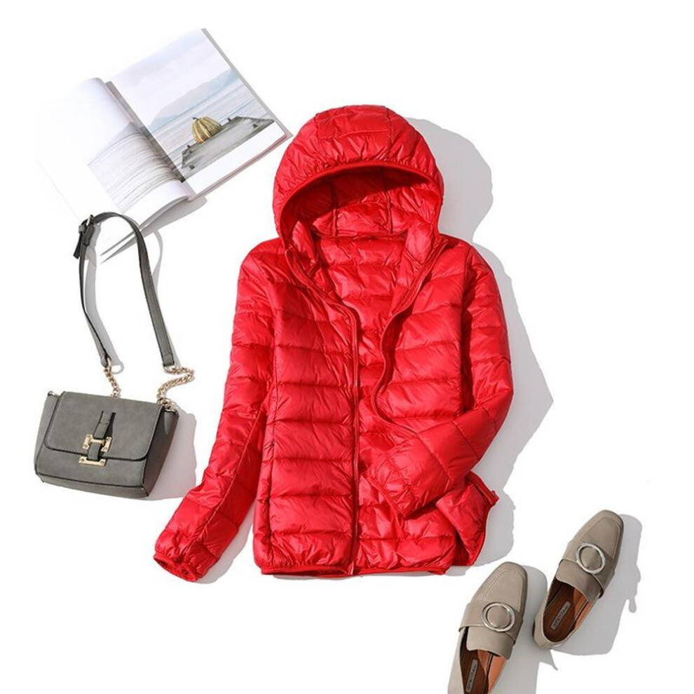 (red, L) Ultra-light Plus Size Thin Down Jacket Women Autumn Winter Slim Short Hooded Warm White Duck Down Coat Women Outerwear