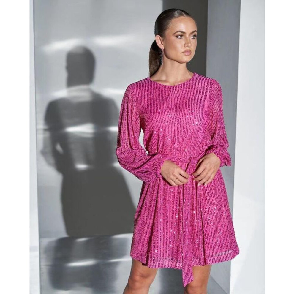 (barbie pink, M) Women&apos;s Long Sleeve Mini Shining Dress Sparkling Beaded Dress Fashion Temperament Elegant Sexy Sequined Evening Dress Holiday Party Cocktail Part