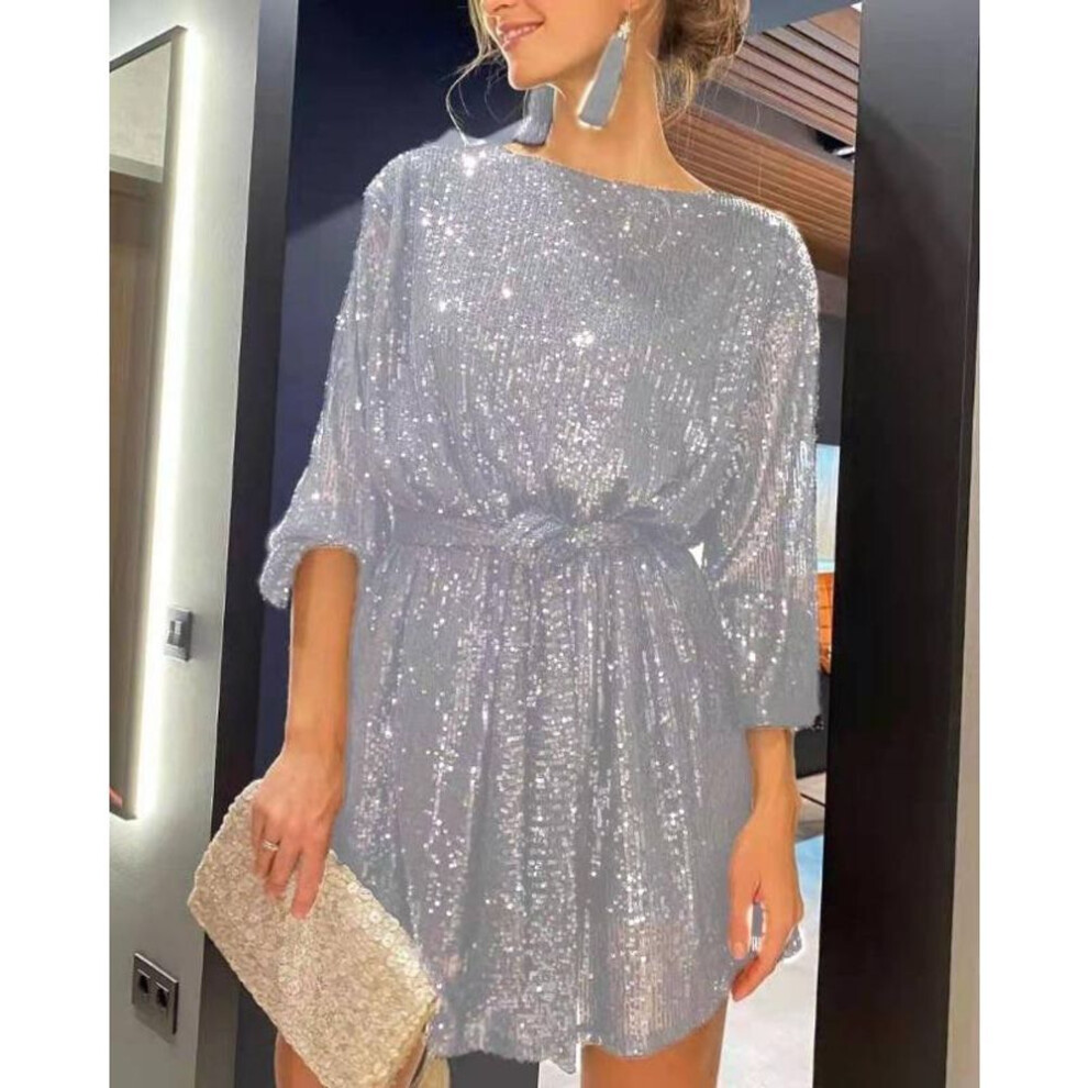 (ash grey, XXXL) Women&apos;s Long Sleeve Mini Shining Dress Sparkling Beaded Dress Fashion Temperament Elegant Sexy Sequined Evening Dress Holiday Party Cocktail Part