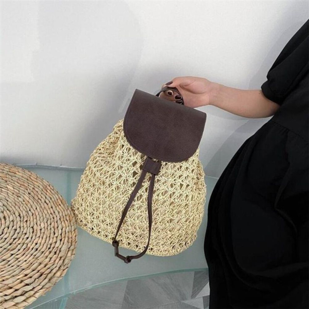(beige, 33cm*16cm*30cm) Yogodlns New Women&apos;s Backpack Crochet Paper Rope Braided Drawstring Women&apos;s Straw Backpack Summer Travel Outing Ladies Woven Backpack