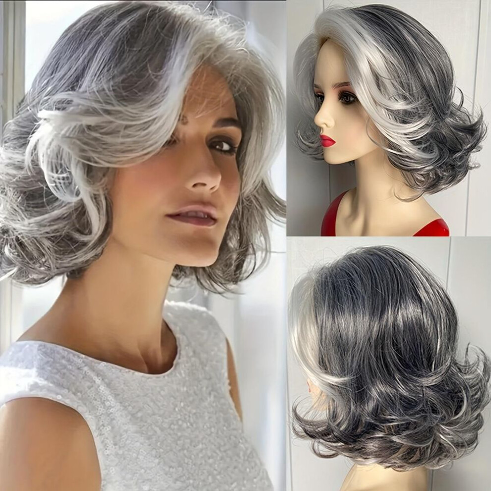 Elegant 12" Silver & Grey Wavy Wig For Women - Mixed Gray, Fluffy Synthetic Hair With Body Wave, Natural Look Daily Costume Old Lady Wig