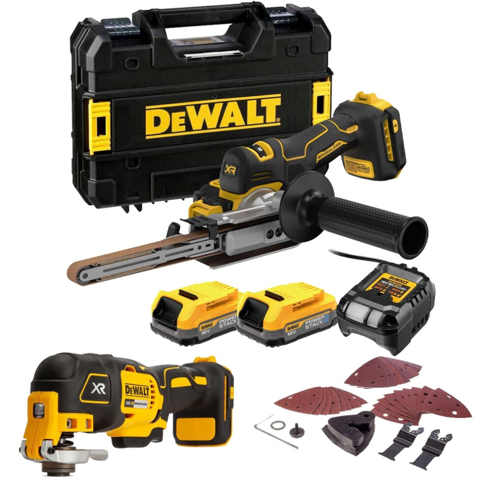 Dewalt DCM200E2T 18v XR Cordless Brushless Bandsaw Sander + DCS355N Multi Tool