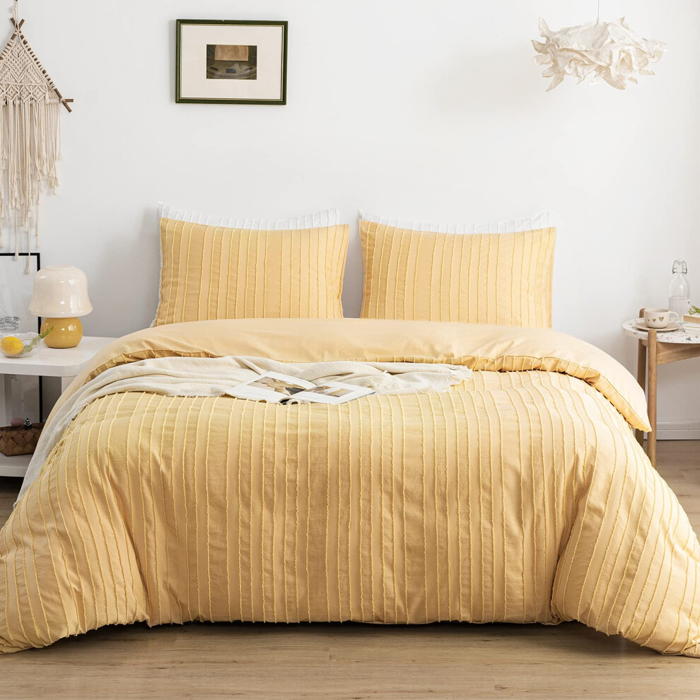 WARMDERN Parure de lit Boho jaune Queen Size Housse de couette textur   e ray   e Parure de lit touffet   e 3 pi   ces Microfibre lav   e ultra douce