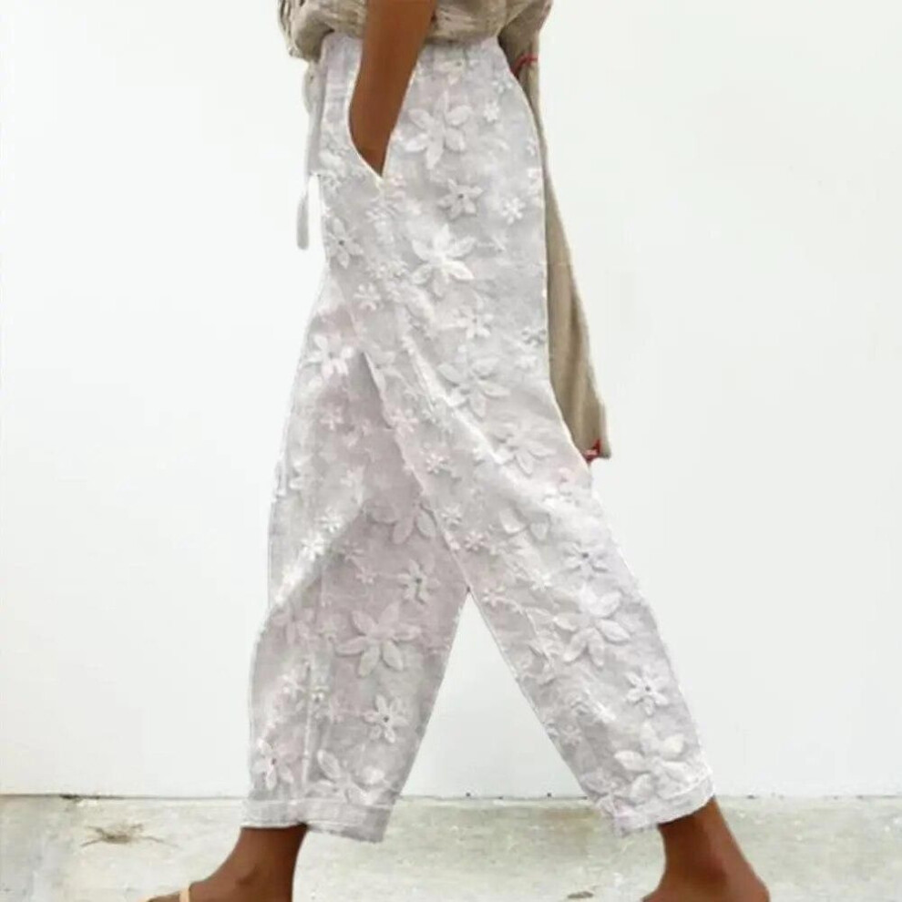 (white, M) Women Lace Drawstring Elastic Waist Loose Soft Slant Pockets Ankle Length Mid Waist Commute Style Female Trousers