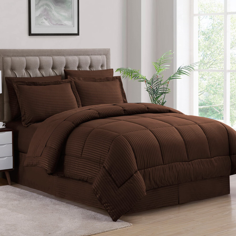 Ensemble de couette Queen 8 pi   ces Lit dans un sac avec jupe de lit Drap-housse Drap plat 2 taies d'oreiller 2 taies d'oreiller Queen Dobby Chocolat