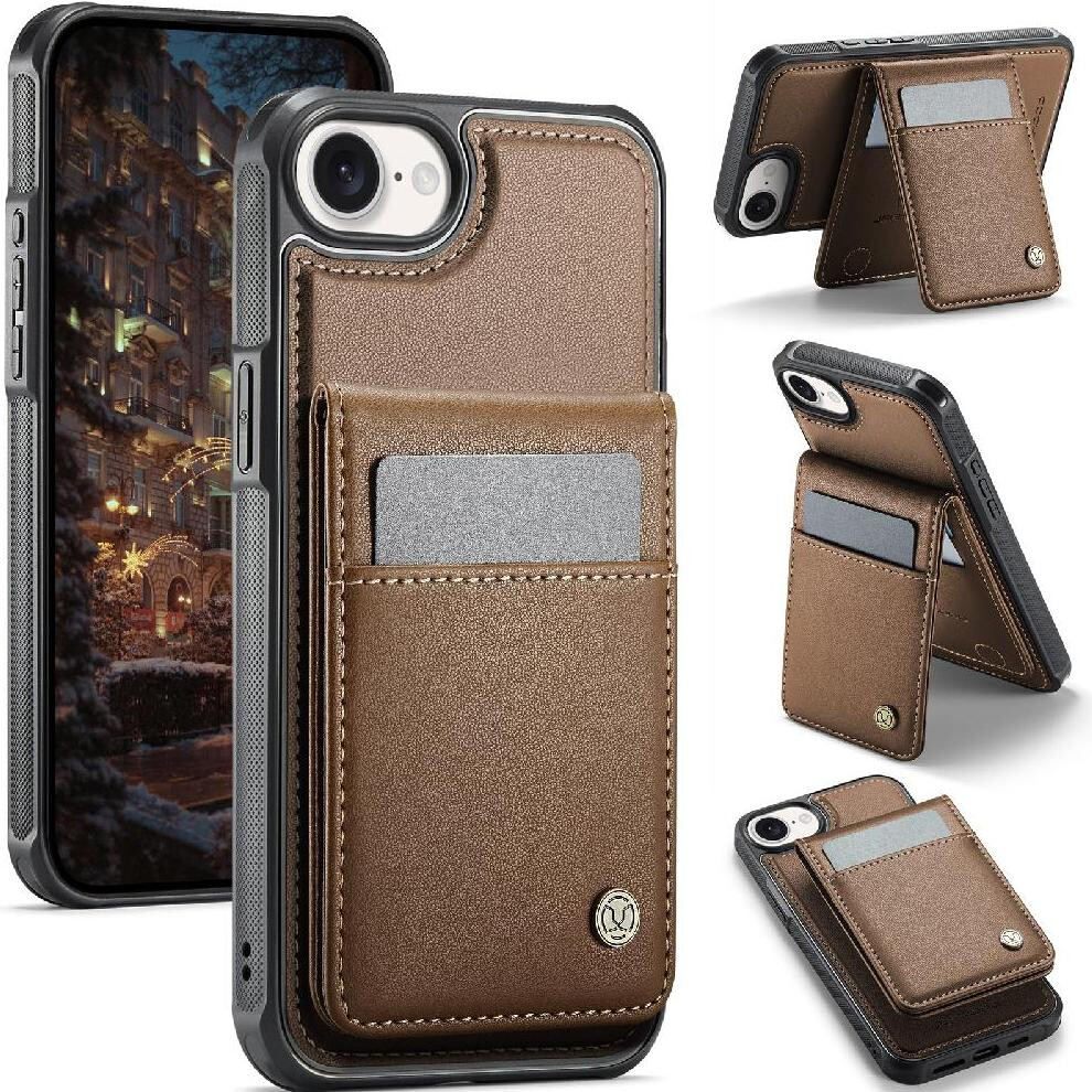 (Brown) Compatible With Iphone 16E Case Wireless Charging Rfid Stand Cardsllots Brown 764549542253