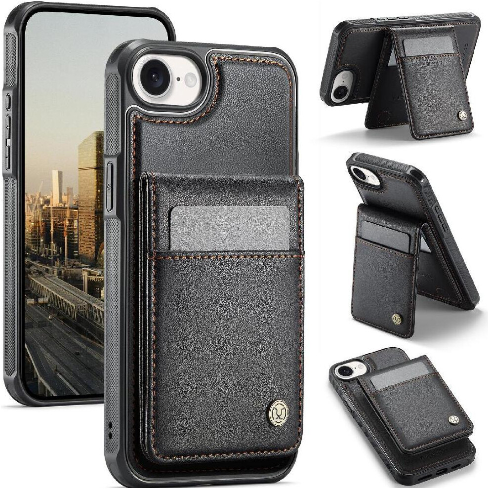(Black) Compatible With Iphone 16E Case Wireless Charging Rfid Stand Cardsllots Black 764549542277