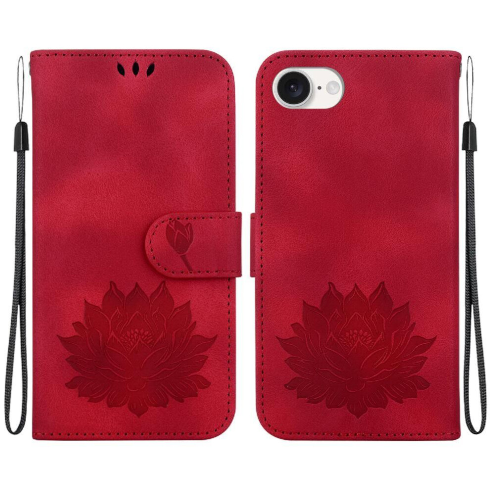 (Red) Flip Case For Iphone 16E Relief Lotus Flower Wallet Kickstand Kickstand Magnetic Red 764549542741