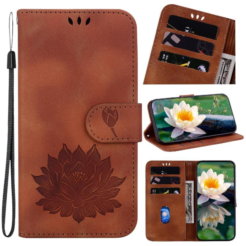 (Brown) Flip Case For Iphone 16E Relief Lotus Flower Wallet Kickstand Kickstand Magnetic Brown 764549542727