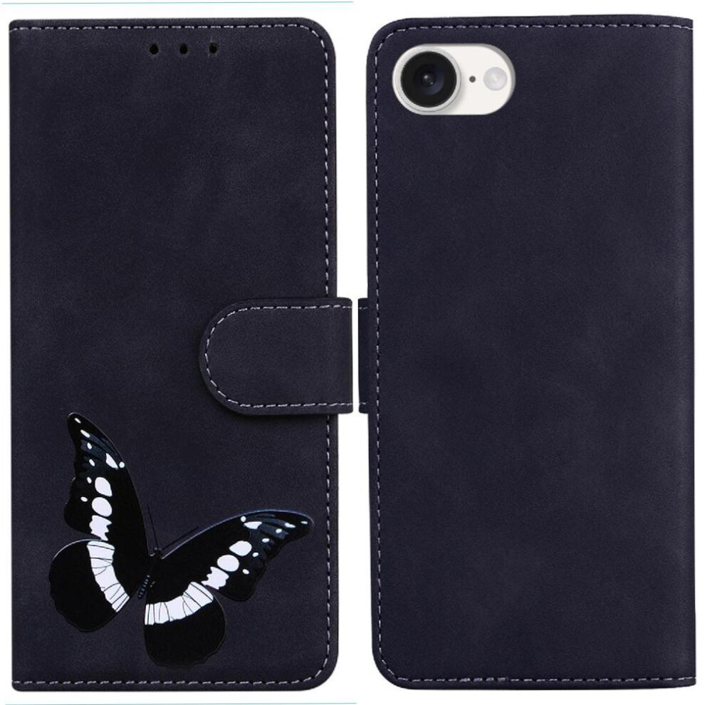 (Black) Case For Iphone 16E Color Printed Butterfly Card Slots Flip Folio Cover Wallet Black 764549543045