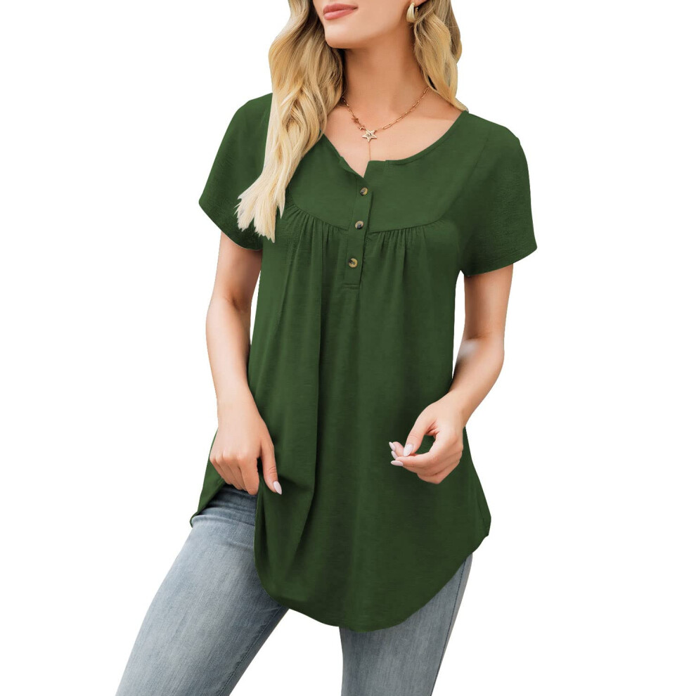 AMCLOS T-shirt     col en V pour femme, chemisier     boutons, tunique d   contract   e, fluide, douce, manches courtes (M, vert arm   e)