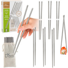 D'Eco Reusable Metal Chopsticks (8 Pairs) - Includes 8 Sets of Stainless Steel Twist Apart Silver Chopsticks & Travel Pouch - Lightweight D
