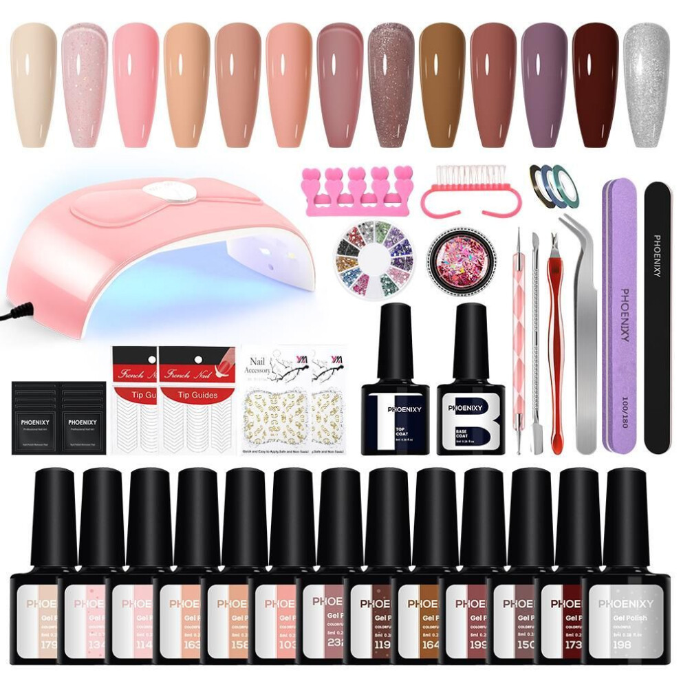(set 05) Phoenixy Gel Nail Kit 13 Colors Fall Winter Gel Nail Polish Set With Lamp Glossy & Matte Gel Top Base Coat Gel Nail Diy Home Curing Gifts For Wome