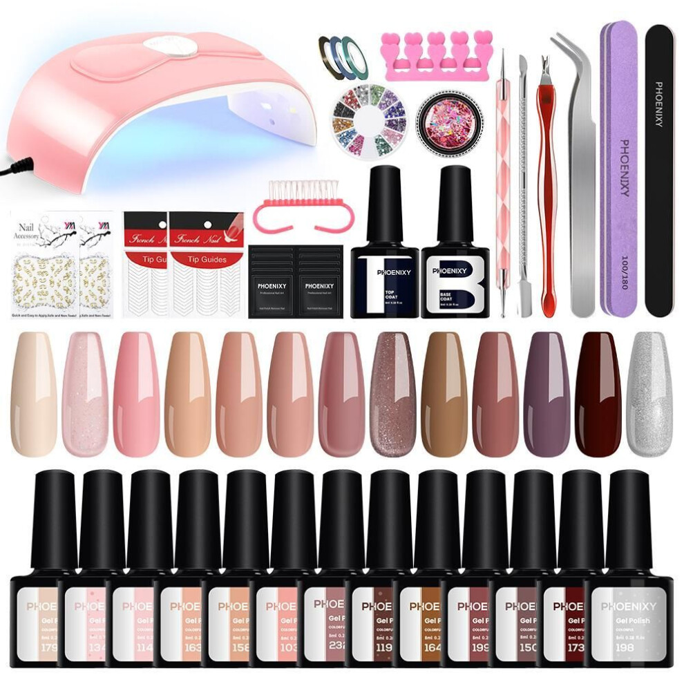 (set 05) Phoenixy 13 Colors Gel Nail Kit With 36w Led Light Gel Nail Polish Set With Lamp Glossy & Matte Gel Top Base Coat Starter Kit For Beginner Diy At