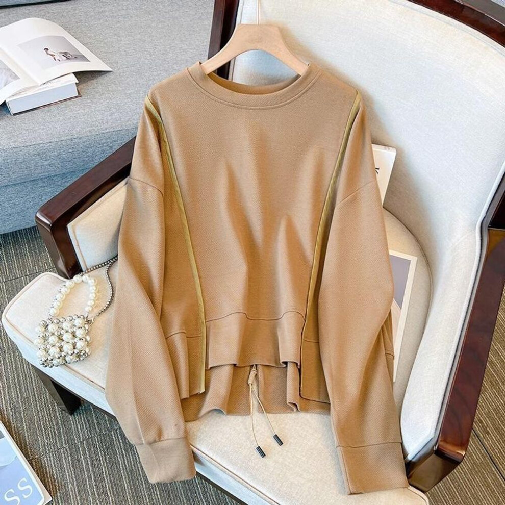 (One Size, tan) Dimanaf 2023 New Plus Size Women Hoodies & Sweatshirts Full Sleeve Loose Solid Zipper Casual O-neck Autumn Basic Tops 2023 T-shirt New Pullover