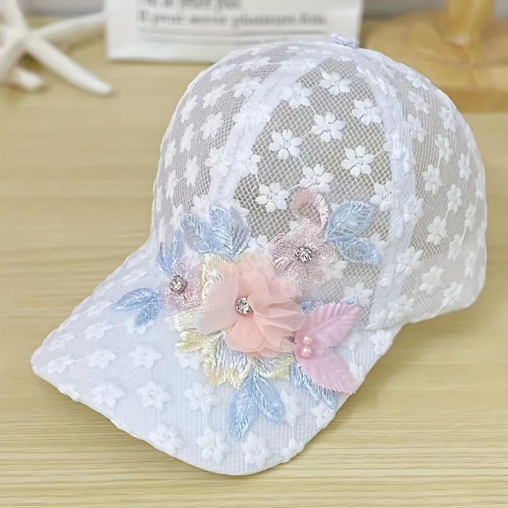 (pink) Flower Embroidery Mesh Trucker Hat Faux Pearl Decor Elegant Lace Baseball Cap Breathable Adjustable Sports Hats For Women