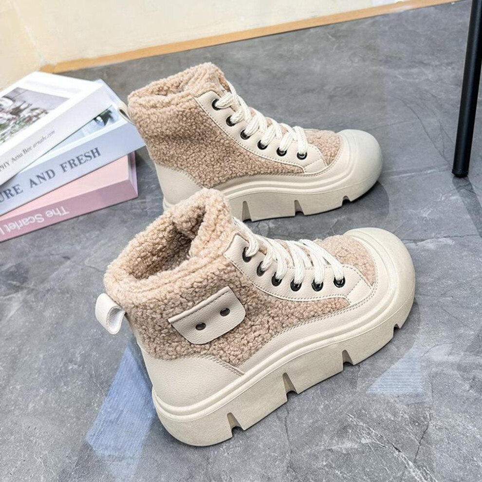 (khaki, 35) Winter Warm Snow Boots For Women Lace-up Anti-slip Faux Fur Lined Ankle Booties Chunky Platform Plush Lined High Top Shoes Women&apos;s Fleece Short B