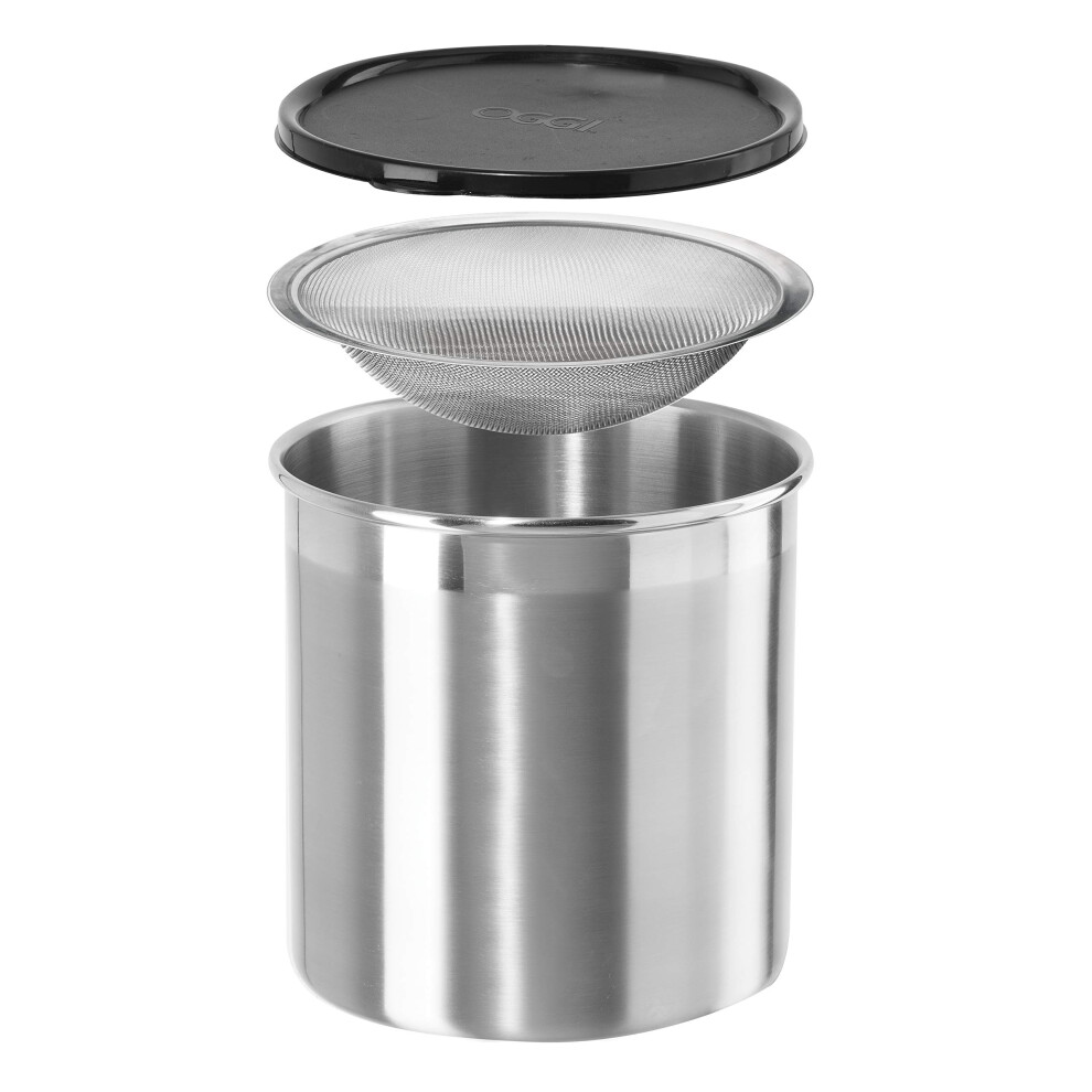 Oggi Stainless Steel Jumbo Grease Container with Removable Strainer and Snug Lid. Perfect container for fryer oil  bacon drippings  lard and ghee oil.