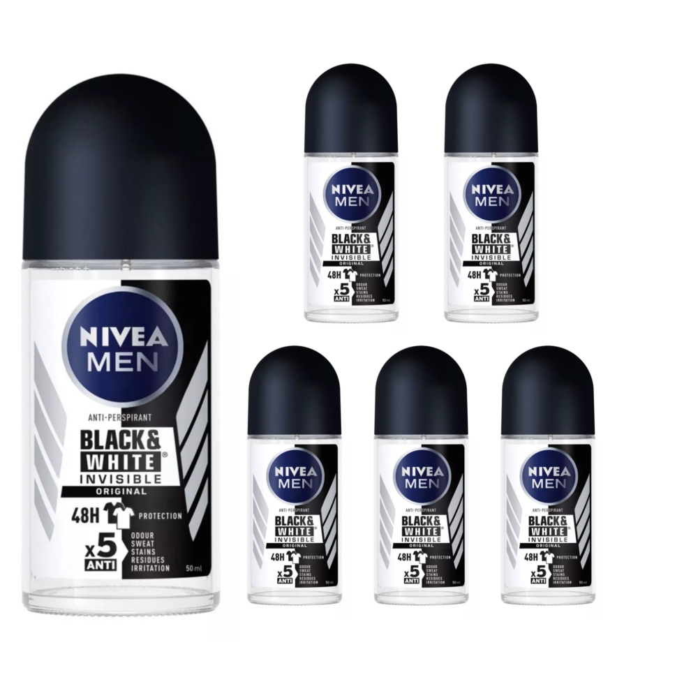 6 x 50ml NIVEA MEN Invisible Black & White Anti-Perspirant Deodorant Roll-On