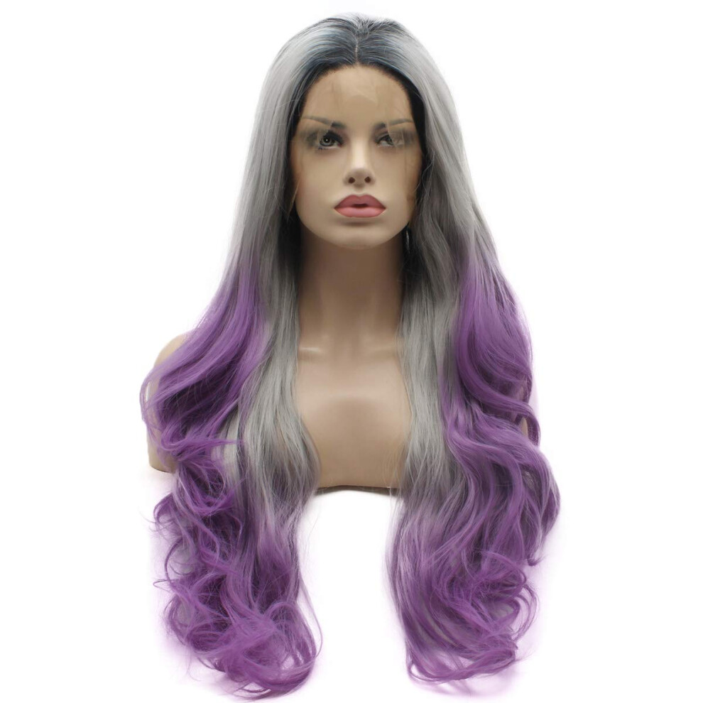 Weelderig Unisex Purple Lushy Hair Lace Front Synthetic Wig Wavy Long 26Inch Dark Root Gray Ombre Wig Heat Resistant Heavy Density Realistic Wig