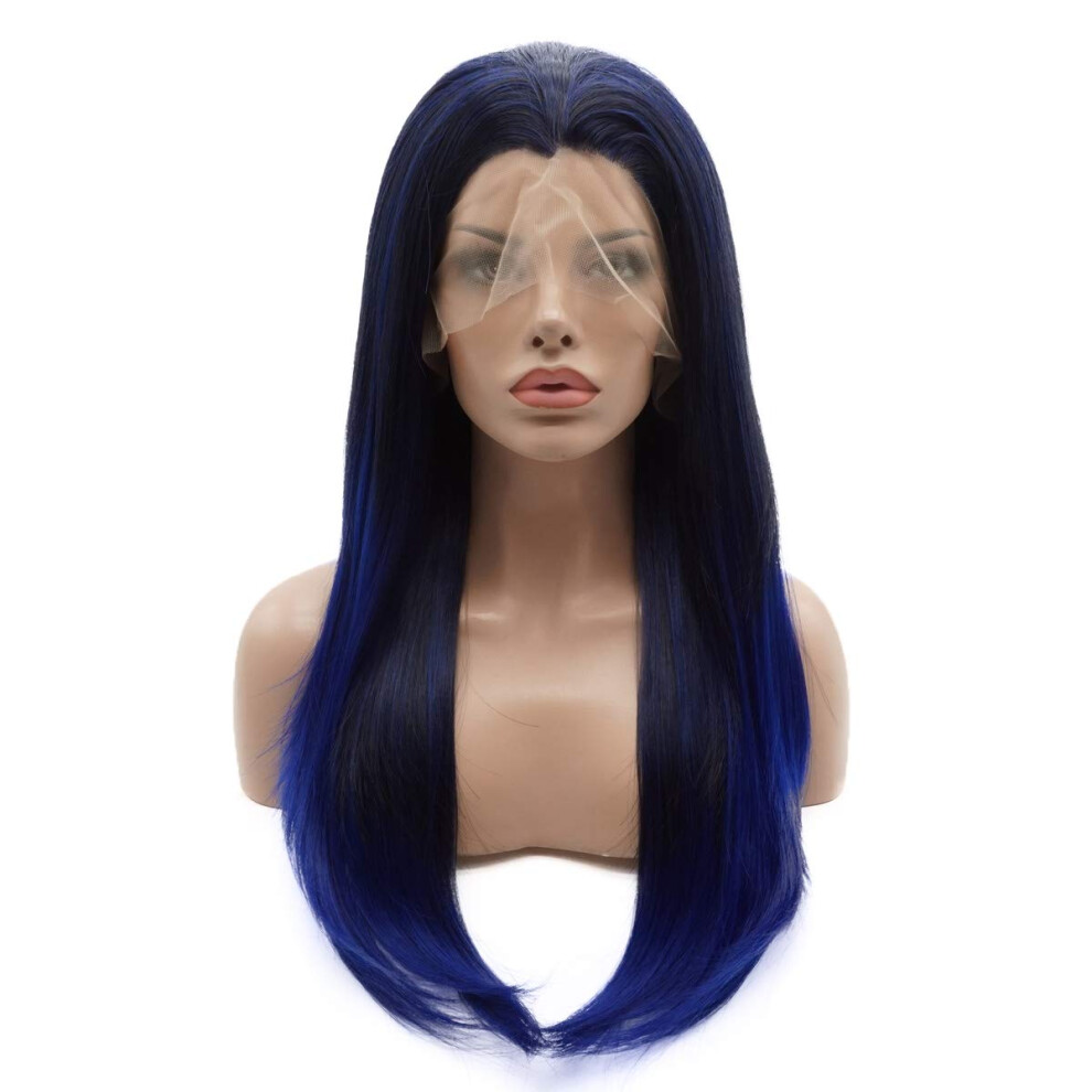 Weelderig Unisex Blue Lushy Straight Long 24Inch Dark Root Ombre Wig Heat Resistant Heavy Density Realistic Synthetic Lace Front Wig