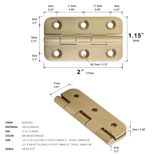 Keenkee 4 PCS Dobradiças de Latão Escovado 2 Polegadas para Portas de Armários e Caixas 2