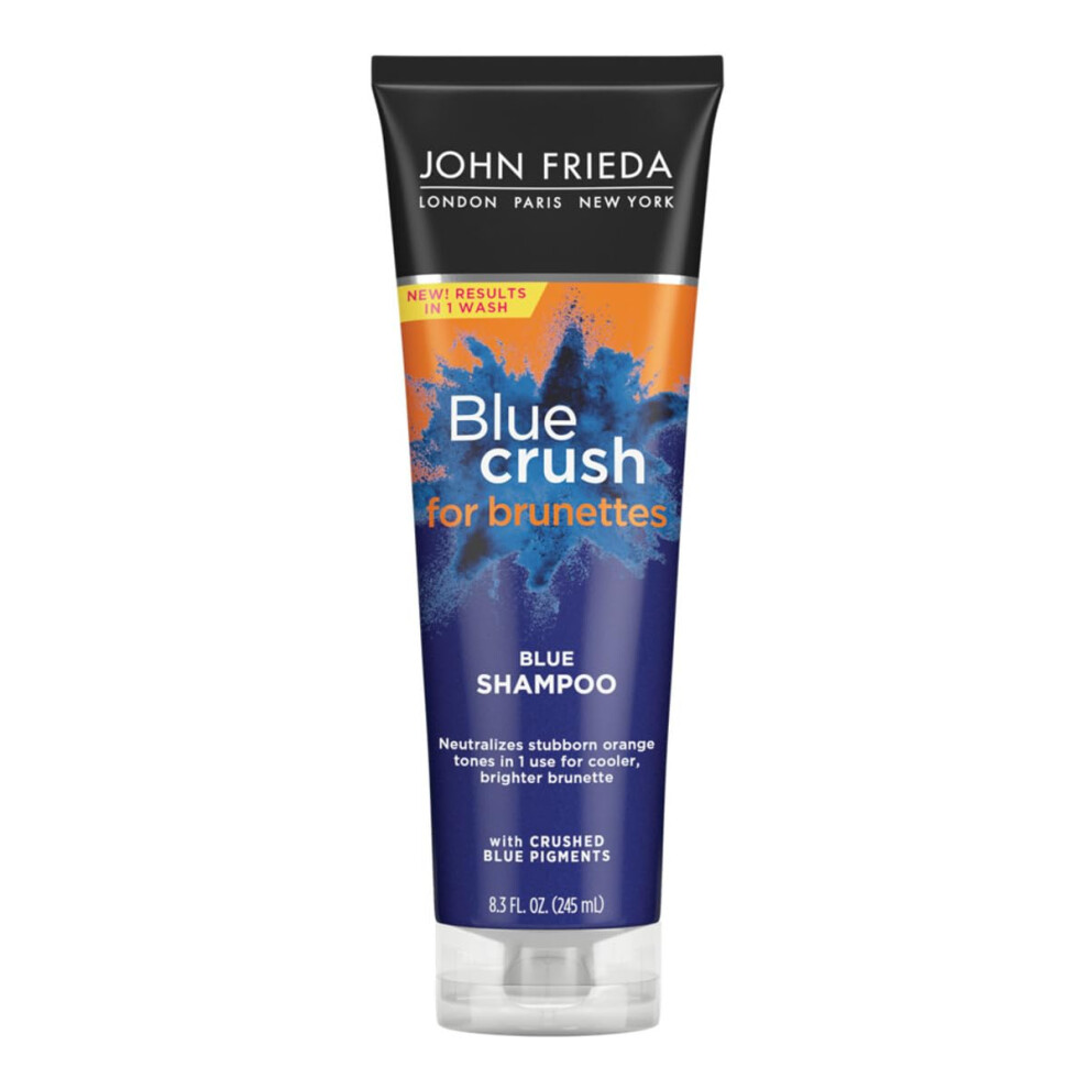 John Frieda Blue Crush for Brunettes Blue Shampoo  8.3 Fl Ounces  Neutralizes Brassy Tones  Toning Shampoo for Color Treated and Natural Brunette Hair