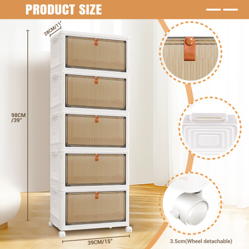 5-Tier Stackable Storage Boxes with Wheels, Folding StorageBins, Storage Organizer for Bedroom Living Room Study Office 1
