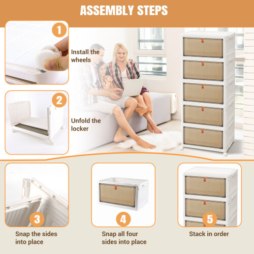 5-Tier Stackable Storage Boxes with Wheels, Folding StorageBins, Storage Organizer for Bedroom Living Room Study Office 2