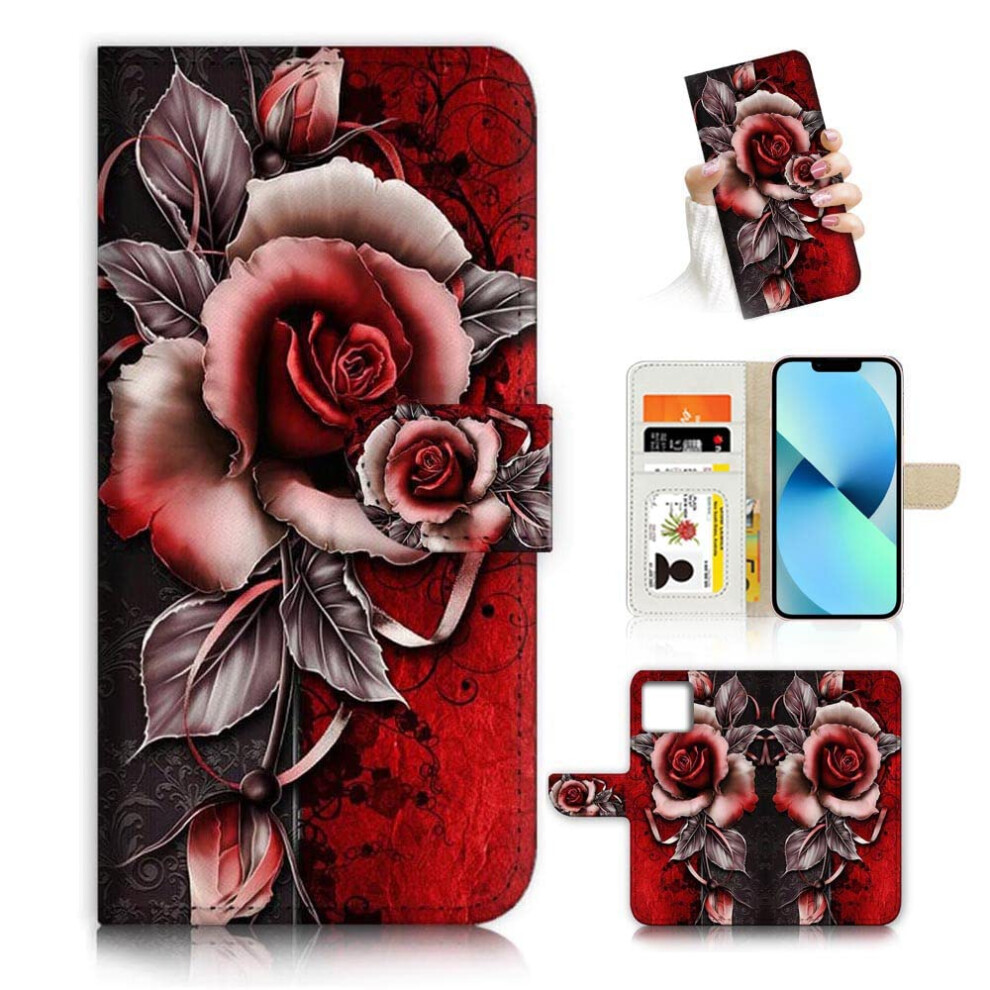 Ajourtek Pour Iphone 13 Art Designed Flip Wallet Style Cover Case Fancy Flower Full Body Protection AD003 (#24878 Red Gothic Rose)-image