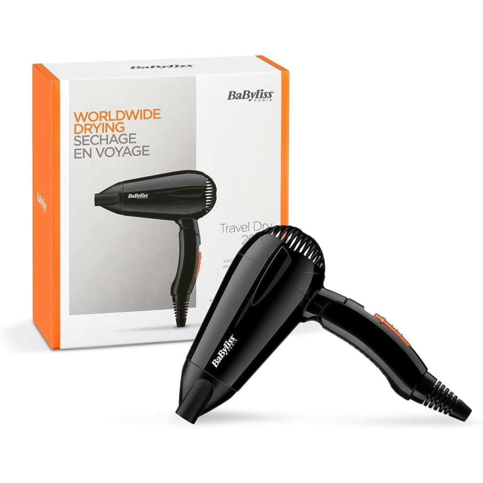 BaByliss Travel Dry 2000W Hair Dryer, Dual voltage, Worldwide, Lightweight, Compact, folding handle