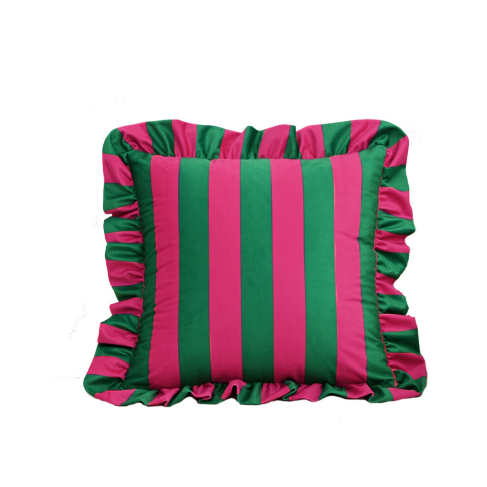 (Pink + Green) Stripe Ruffled Throw Pillow Covers, Soft Velvet Cushion Covers with Ruffle