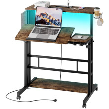 Mobile Standing Desk with Power Light Storage Cup Holder Hooks