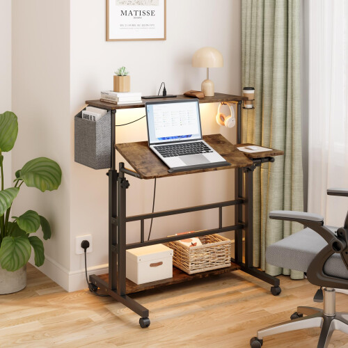 Dripex Mobile Standing Desk with Power Light Storage Cup Holder Hooks 1