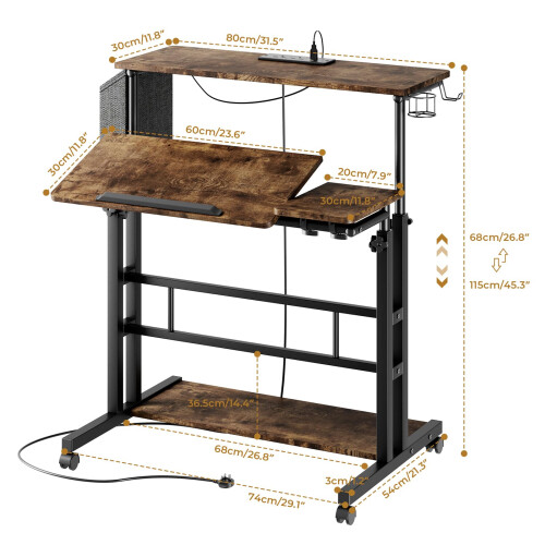 Dripex Mobile Standing Desk with Power Light Storage Cup Holder Hooks 2
