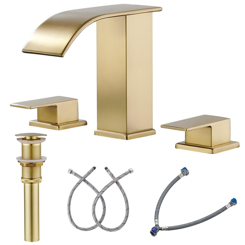 Avsiile Waterfall Bathroom Faucet 3 Hole Brushed Gold 8 Inch Widespread Bathroom Faucets Parts Modern 3 Piece Bathroom Sink 755086700107