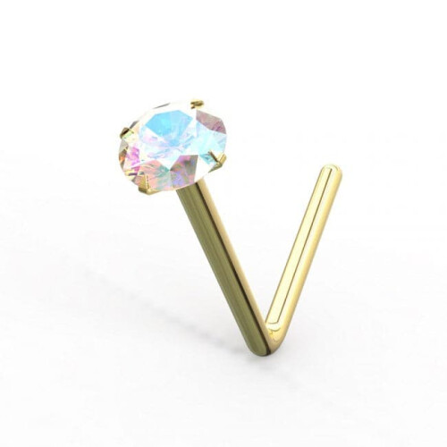 (24G, Pink) 9K Gold L-Bend Crystal Nose Stud 1