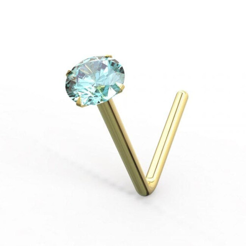 (24G, Aqua) 9K Gold L-Bend Crystal Nose Stud