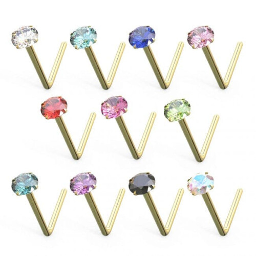 (24G, Peridot) 9K Gold L-Bend Crystal Nose Stud 2