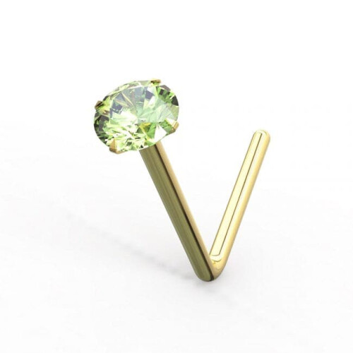 (24G, Peridot) 9K Gold L-Bend Crystal Nose Stud