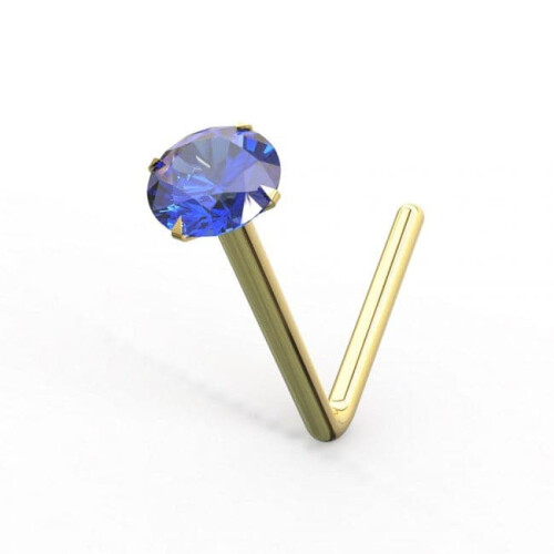 (22G, Dark Blue) 9K Gold L-Bend Crystal Nose Stud