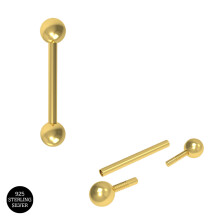 (16mm, Yellow Gold Plated) 925 Sterling Silver Straight Tongue Barbell with Ball