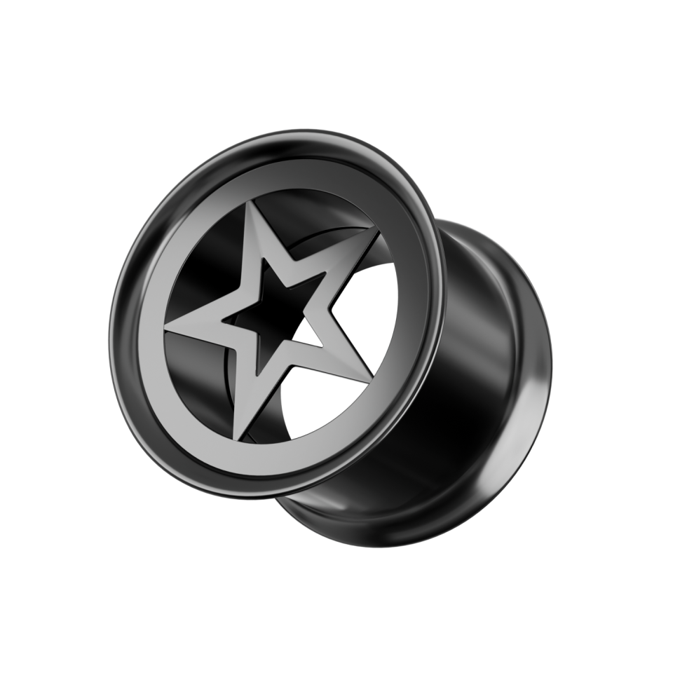 (14mm, Pair) 316L Surgical Steel Black Star Plate Top Internally Threaded Tunnel-image-OPC-PG9BFB7-NEW