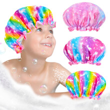 Duschhaube fr Kinder, 3 Stck, Kinder-Duschhauben fr Mdchen, niedliche Regenbogen-Haarkappe, breites Gummiband, Kunststoff, wiederverwendbar, wass