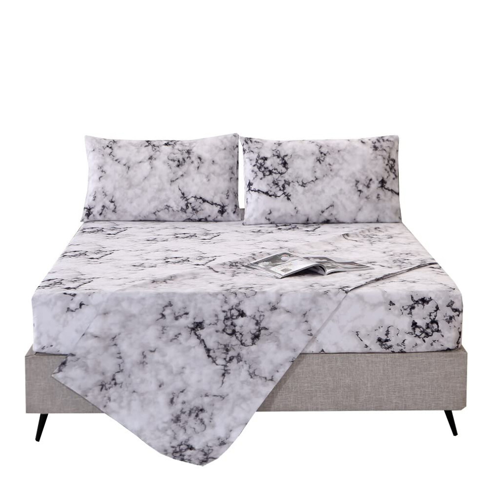 Parure de lit MAG en marbre, 4 pi   ces, noir, blanc et gris, motif moderne imprim   , avec 1 drap plat, 1 drap-housse et 2 taies d'oreiller, 14 de p