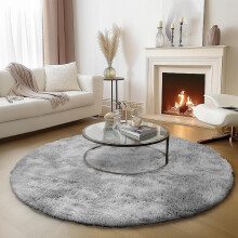 (120cm x 120cm (4 ft x 4 ft)- Circle Round Rug Circular Carpet) Large Shaggy Fluffy Silver Rugs Floor Area Bedroom Living Dining Room Carpet Mat