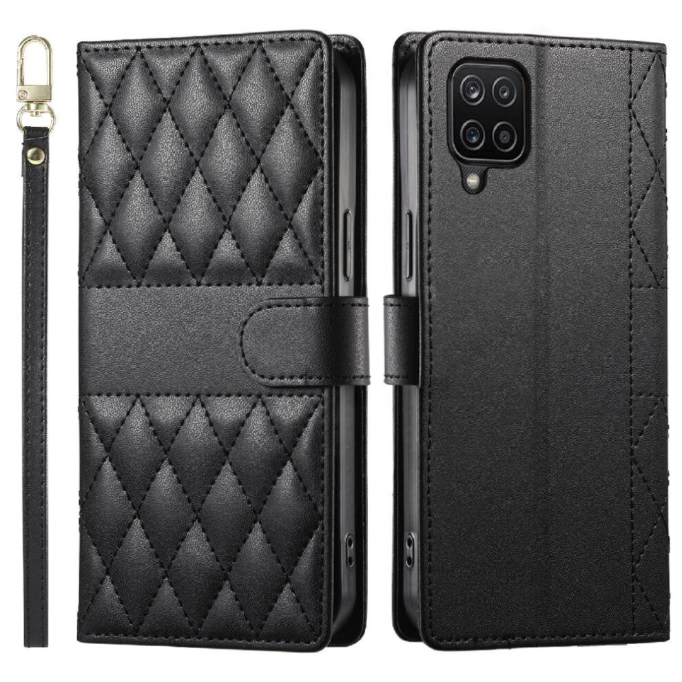 (Black) Flip Case For Samsung Galaxy A12 Leather Case Shockproof Wallet Elegant Dual Straps Black 764549546558